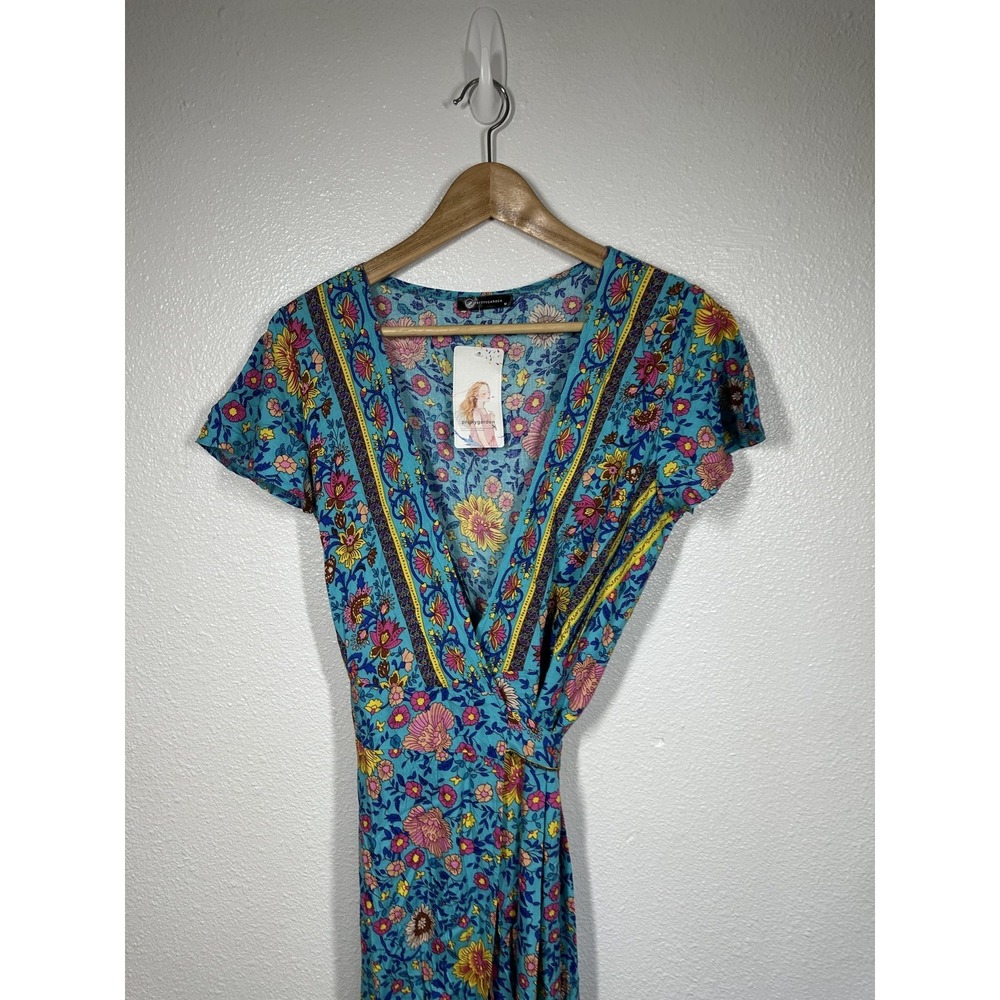 Prettygarden Dress Womens Medium Blue Floral Wrap Boho Maxi Short Sleeve Summer - Picture 5 of 7